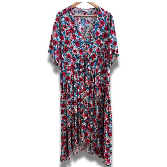 Avenue 18/20 Floral Midi Dress V-Neck Poppy Red Multicolored Womens Cottage Boho - Picture 2 of 15